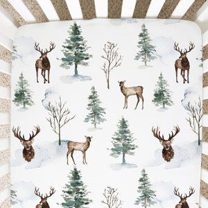 Woodland Crib Sheet, Forest Crib Bedding, Pine Tree Crib Sheet, Deer Crib Sheet, Wilderness Nursery, Woodland Baby Nursery - EnF