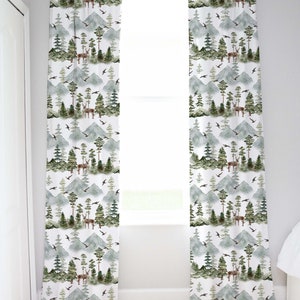 Deer Curtain W42"x L96", Woodland Nursery Decor, Hunting kids room curtain, Pine Trees Mountains curtain, Forest baby room -SALE Only 2 left
