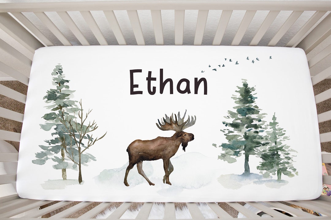 Moose Crib Sheet, Woodland Baby Gift, Moose Baby Bedding, Minky Crib