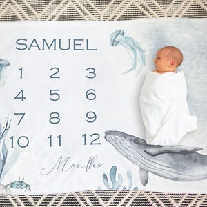 Whale Milestone Blanket, Whale baby gift, Under The Sea Milestone, Boy Monthly Blanket, Expecting mom gift, Baby Growth Tracker - Deep Ocean