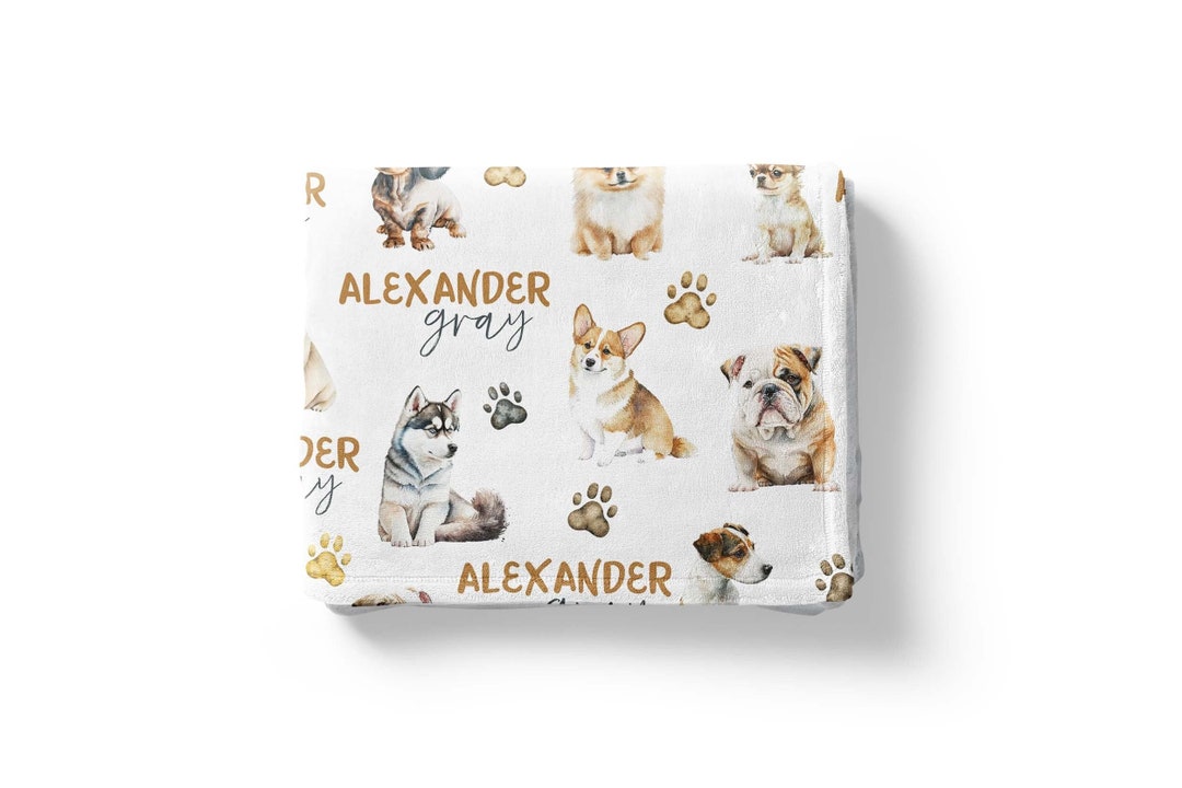 Personalized Baby Boy Name Blanket, Puppy Dog Baby Blanket, Dog Nursery