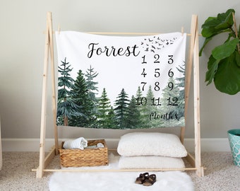 Forest Milestone Blanket, Personalized Woodland Baby Gift, Milestone Photo Prop, Woodland Baby Boy Bedding, Monthly Blanket Baby - ThF