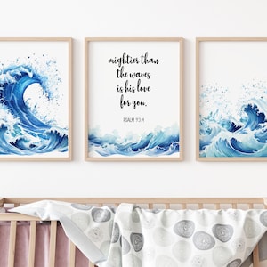Mightier than the waves wall art, Psalm 93:4, Christian Nursery decor Set of 3, Waves Wall Art, Wall Prints for Boys Room, Scripture Print
