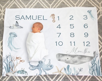 Under the sea milestone blanket, Whale baby gift, Ocean Milestone, Boy Monthly Blanket, Expecting mom gift, Baby Growth Tracker - Deep Ocean