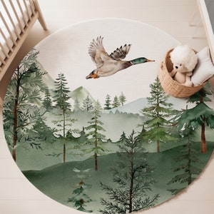 Mountains rug, Mallard duck rug, Forest nursery decor, Mountains and pine trees rug, Forest rug, Kids playroom rug, Area rug for boys room