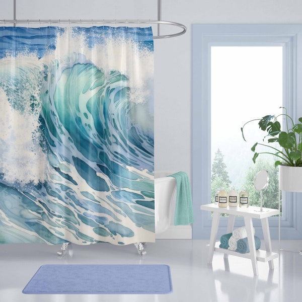 Rideau de douche vagues océaniques, décoration de salle de bain côtière, rideau de douche de mer, rideau de douche de plage, rideau de douche de surf, rideau de douche pour enfants