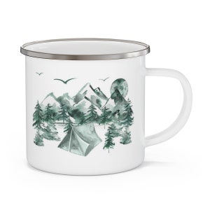 Mountains and trees Enamel Camping Mug, Outdoor Coffee cup, Watercolor Forest Mug, Nature trees mug, Camp mug, Hiker camp mug. Wildlife mug 画像 4