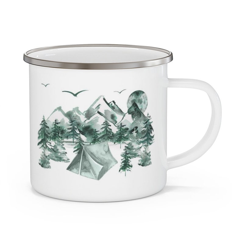 Mountains and trees Enamel Camping Mug, Outdoor Coffee cup, Watercolor Forest Mug, Nature trees mug, Camp mug, Hiker camp mug. Wildlife mug 画像 4