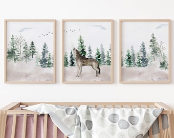 Wolf Wall Art, Wolf nursery print, Wall Prints for Boys Room, Forest Pine Trees kids room decor, Set of 3 prints, DIGITAL DOWNLOAD - EnF