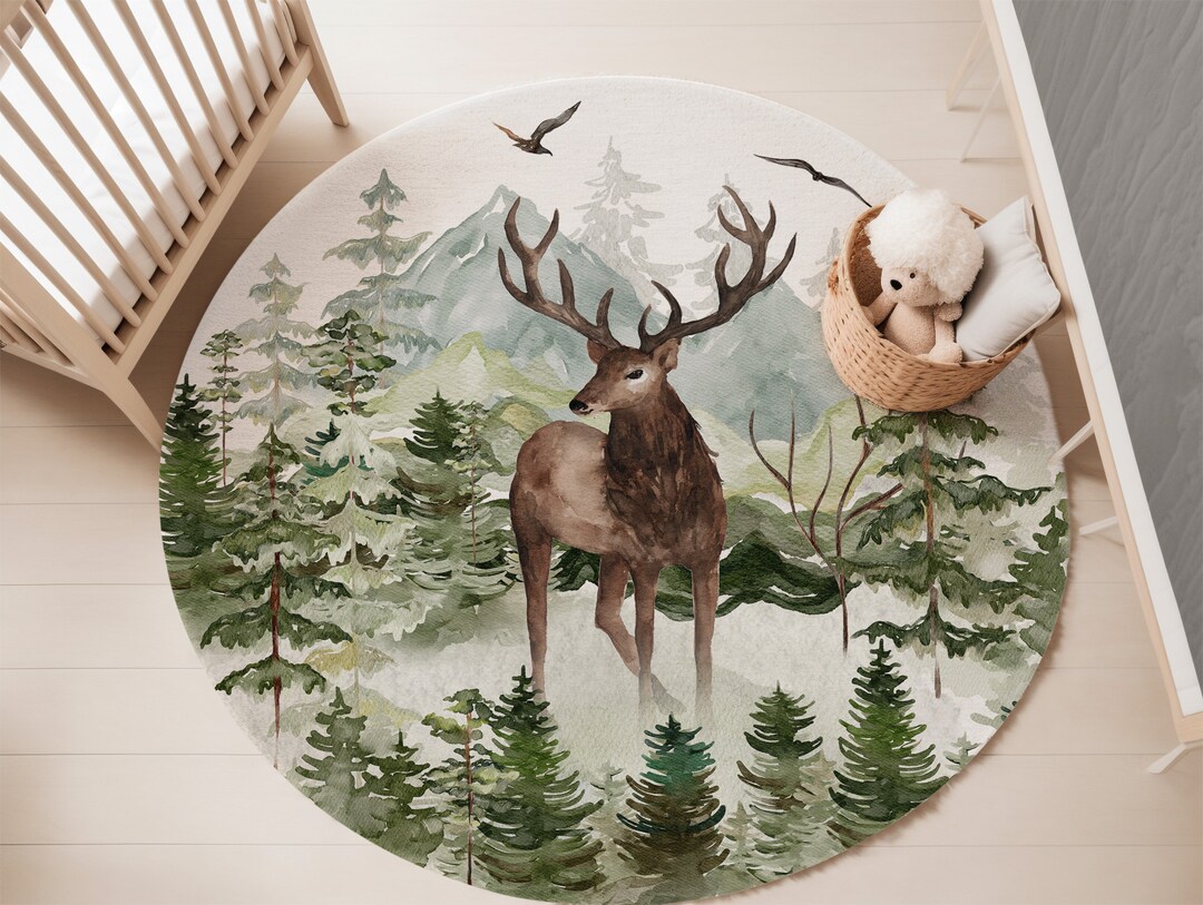 Deer in Forest Rug, Woodland Nursery Carpet, Rustic Kids Playroom Rug