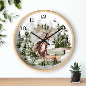 Fox Clock, Woodland animals clock, Kids wall clock, Woodland nursery decor, Fox nursery, Silent wall clock, Forest clock, Mountains clock