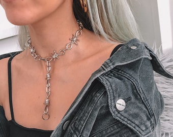 steel barbed wire chain, barbed wire necklace, silver barbed wire necklace, steel chunky chain, barbed wire chain,