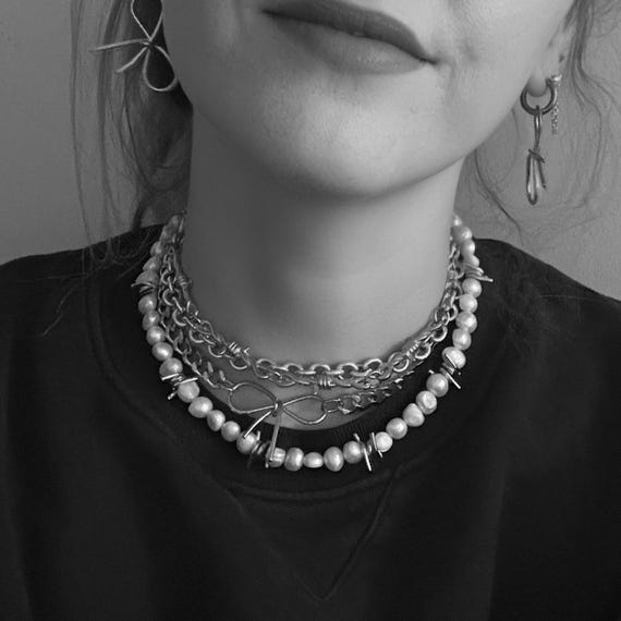 Freshwater Pearl Barbed Wire Choker, Barbed Wire Necklace Freshwater Pearl Barbed Wire Choker, Barbed Wire Necklace