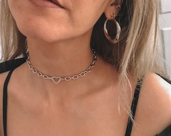 Heart choker, silver heart choker, silver heart necklace