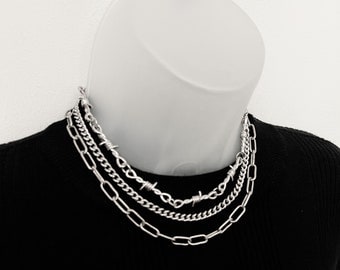 Necklace layering set, barbed wire necklace, stainless steel curb chain, silver link necklace, silver curb chain