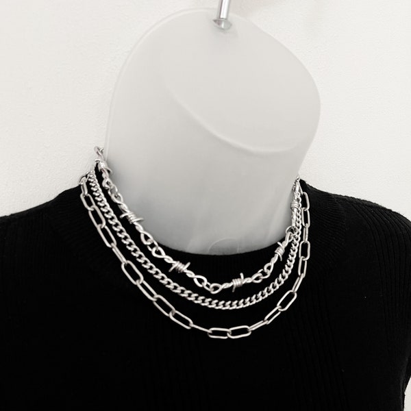 Necklace layering set, barbed wire necklace, stainless steel curb chain, silver link necklace, silver curb chain