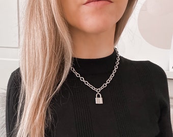 Klobige Vorhängeschloss-Halskette, Vorhängeschloss-Halskette aus Edelstahl, 90er-Jahre-Vorhängeschloss-Halsband, Vorhängeschloss-Halsband