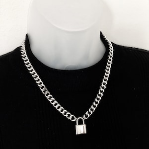 Stainless steel padlock necklace, Silver curb chain necklace, stainless steel curb chain, padlock necklace