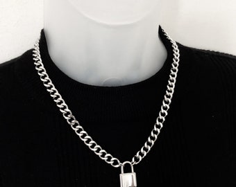 Stainless steel padlock necklace, Silver curb chain necklace, stainless steel curb chain, padlock necklace