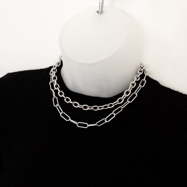 Zestaw warstwowy ze stali nierdzewnej, naszyjnik ze stali nierdzewnej, srebrny choker, gruby choker z łańcuszkiem, gruby naszyjnik z łańcuszkiem