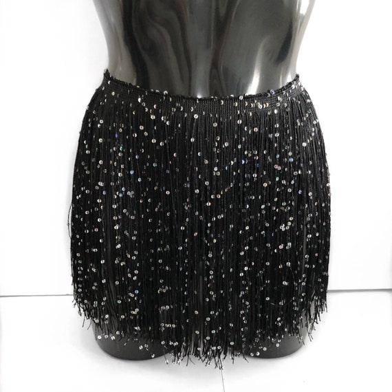 Black Tassel fringe skirt with silver sequins tassel skirt | Etsy