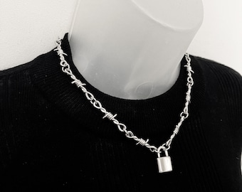 Barbed wire padlock choker, barbed wire necklace, silver barbed wire necklace, stainless steel barbed wire necklace