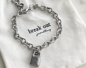 Padlock Bracelet, Steel Bracelet, Silver Bracelet, Chunky Chain