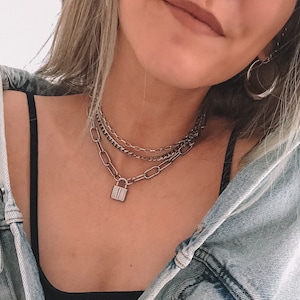 100% stainless steel layering chain set, padlock necklace, silver curb chain, silver choker necklace