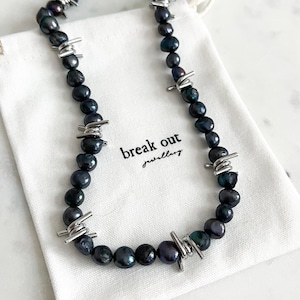 Black Freshwater Pearl Barbed wire choker, barbed wire necklace, silver goth punk emo, stainless steel