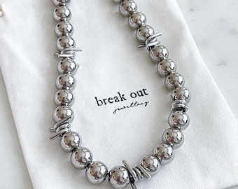 Silver Large Chunky Bead Barbed wire choker, barbed wire necklace, silver goth punk emo, stainless steel