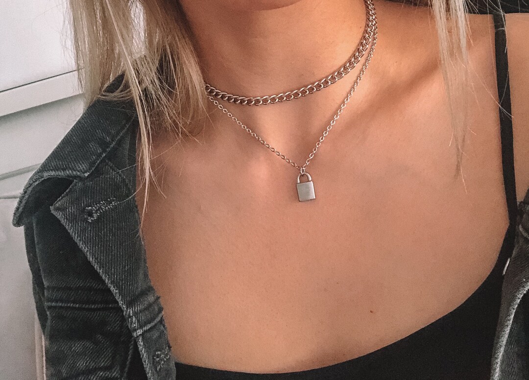 Silver Padlock Necklace, Silver Curb Chain, Padlock Chain, Stainless Steel Curb Chain Etsy