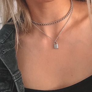 Silver padlock necklace, silver curb chain, padlock chain, stainless steel curb chain