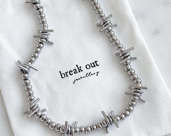Silver Chunky Bead Barbed wire choker, barbed wire necklace, silver goth punk emo, stainless steel