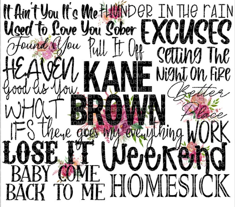 May include: A white background with black text overlayed with pink and white floral graphics. The text includes song titles by Kane Brown: "It Ain't You It's Me", "Thunder In The Rain", "Used To Love You Sober", "Excuses", "Found You", "Pull It Off", "Setting The Night On Fire", "Heaven", "Good As You", "What Ifs", "There Goes My Everything", "Work", "Lose It", "Weekend", "Baby Come Back To Me", "Homesick", and "Better Place".