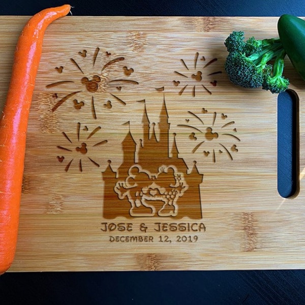 personalized Disney Inspired Theme Mickey and Minnie Kissing  Cutting Chopping Cheese Board Anniversary Date foodie Kitchen Decor Engraved