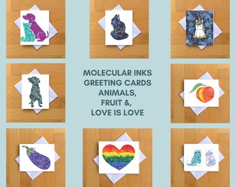 Greeting Card Set of 8, Cat, Dog, Peach, Eggplant, Love is Love, Alcohol Ink Art, LGBTQ+, Molecular Inks, Scientist, Nerdy, A2 Cards