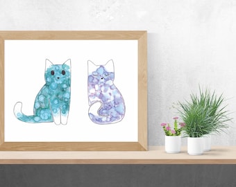 Two Kitties, Cats, Two Cats, Alcohol Ink art, Limited Run Prints, Cat Lover, Kitty, Molecular Inks, Cute, Adorable, Crazy Cat Lady