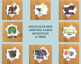 Greeting Card Set of 8, Theobromine, Serotonin, Resveratrol, Trees, Vanillin, Caffeine, Sucrose, Alcohol Ink Art, Molecular Inks, A2 Card