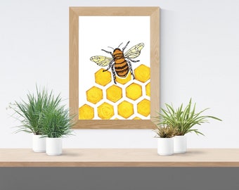 Honey Bee, Alcohol Ink art, Limited Run Prints, Beekeeper, Bee, Apiary, Molecular Inks, Honeycomb, Honey, Insect, Entomology, Pollinator