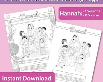 Puede incluir: Una página para colorear en blanco y negro con Hannah de la Biblia. La imagen muestra a Hannah con sus hijos. El texto "Hannah" está escrito en la parte superior de la página. El texto "1 Samuel 2:19-21" está escrito en la parte inferior de la página.