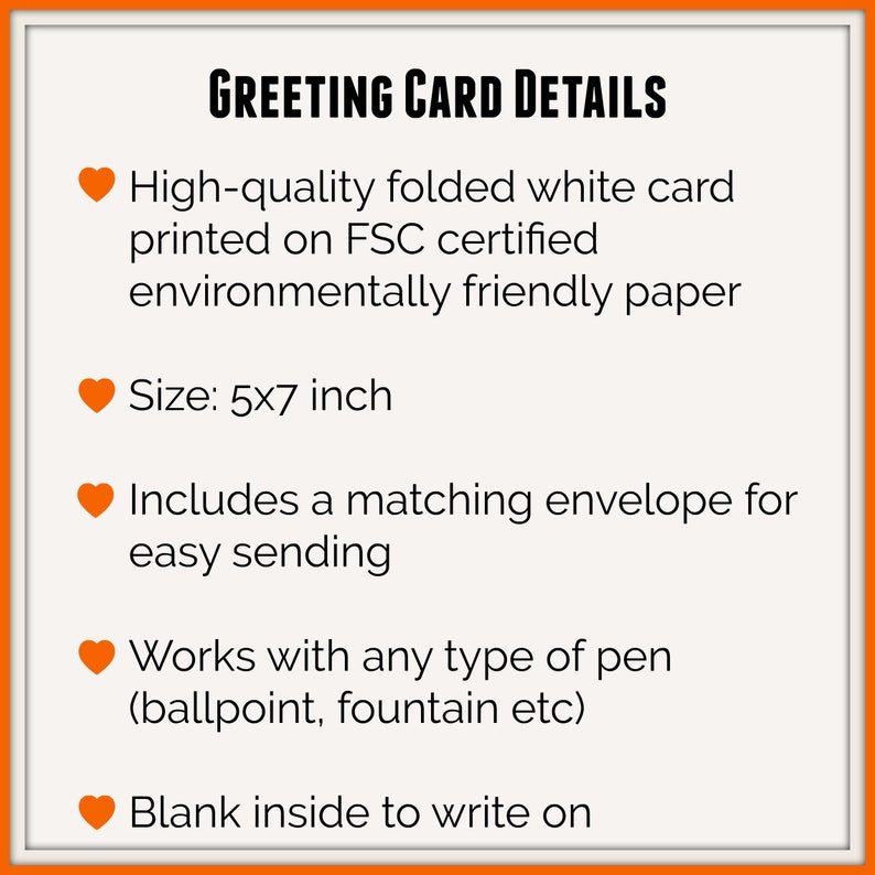 Pu&ograve; includere: Un biglietto d'auguri bianco piegato con l'intestazione Greeting Card Details. Il testo elenca le caratteristiche: carta certificata FSC di alta qualit&agrave;, formato 5x7 pollici, busta abbinata inclusa, compatibile con ogni penna e interno vuoto.