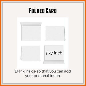 Pu&ograve; includere: Un set di quattro biglietti pieghevoli bianchi mostrati da diverse angolazioni. Il testo FOLDED CARD appare in alto e il testo 5x7 inch &egrave; stampato su un biglietto. I biglietti sono vuoti all'interno, offrendo spazio per messaggi personali.