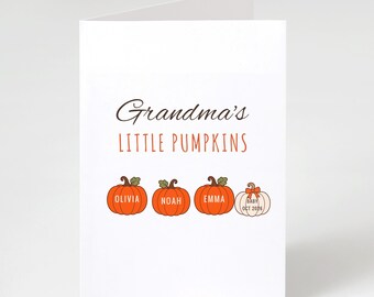 Tarjeta de felicitación "Calabacitas de la abuela" / Tarjeta de otoño "Campo de calabazas de los nietos" / Opción para revelar la fecha de nacimiento del bebé