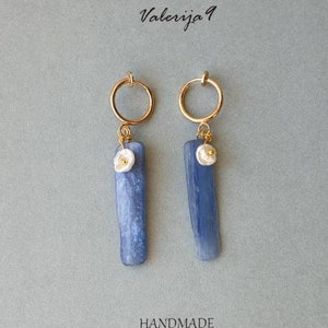 Clip on Earrings Kyanite | Clip and Pearl earrings | Clip Blue Kyanite and Pearl | Clip Healing crystal | Gemstone clip earrings