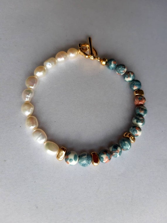 Rainbow Jasper|Freshwater pearl bracelet|Imperial jasper bracelet|Half n half pearl bracelet|Half pearl half seed beads |Gift|Birthday