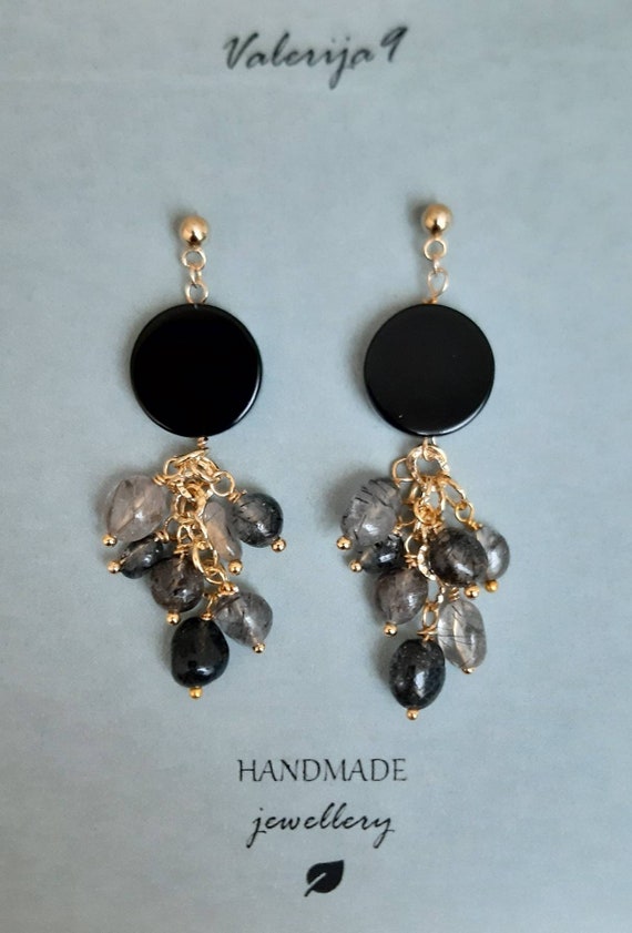 12mm ハンドメイド・手芸 ブラックアゲート×クォーツのピアス