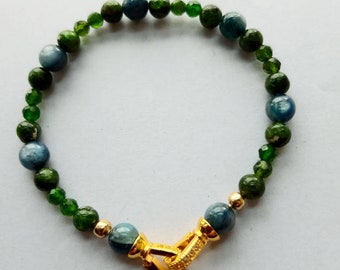 Chrome Diopside & Kyanite Bracelet/Positive Energy/Chrome diopside Crystal bracelet with gold accents/green blue stone/Gemstone bracelet