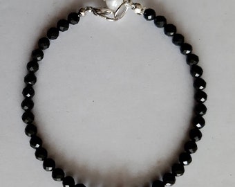 Black Spinel Bracelet | Gemstone  Faceted Spinel, Pearl bracelet| Faceted spinel | Thin Black Bracelet | Faceted Beads