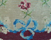 Pretty Antique French Needlework, Embroidery Roses Blue Bows