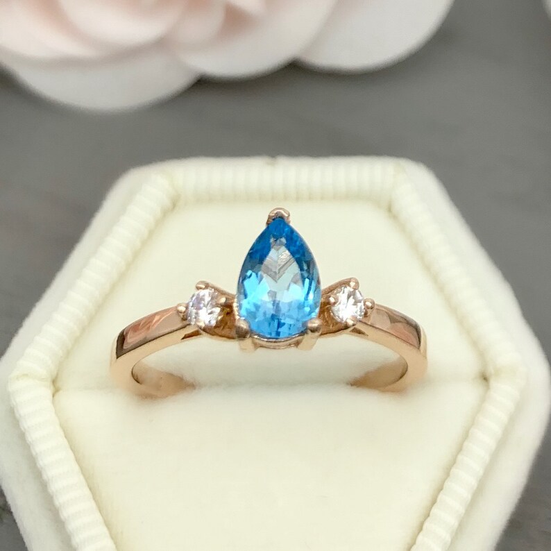 Pear Shape Natural Swiss Blue Topaz Diamond Three Stone Engagement Promise Wedding Ring 925 Sterling Silver Or 14K Solid Rose Gold Ring
